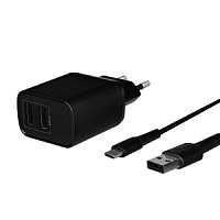 Сетевое зарядное устройство с кабелем TFN WCRPD12W2U03 (2 USB+кабель USB Type-C/2.4A/12W/Smart IC) черное