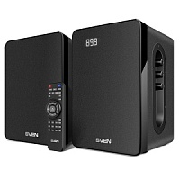 Колонки 2.0 SVEN SPS-710 / 40W / Питание - 220В / Аудиовыход на наушники /Bluetooth / SD / USB/ FM / ПДУ / Часы / Будильник / Чёрный / Корпус - дерево