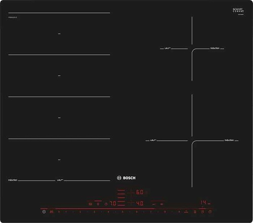 Поверхность индукционная Bosch PXE601DC1E (Serie8/ Чёрная стеклокерамика/ 4 конфорки/QuickStart/PowerBoost/ReStart/PerfectFry Plus/ Таймер / 7,4 кВт)