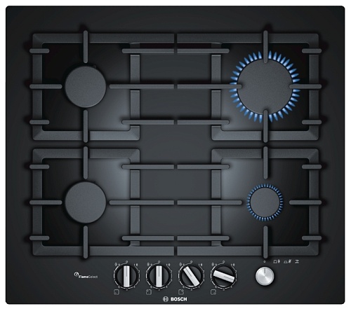 Поверхность газовая Bosch PPP6A6M90 (Serie6 / чёрный / закаленное стекло / чугун / FlameSelect)