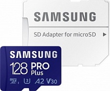 Память micro Secure Digital Card 128Gb Samsung PRO  Plus 180/130 Мбайт/сек U3, V30, A2,  / с адаптером SD [MB-MD128SA/CN