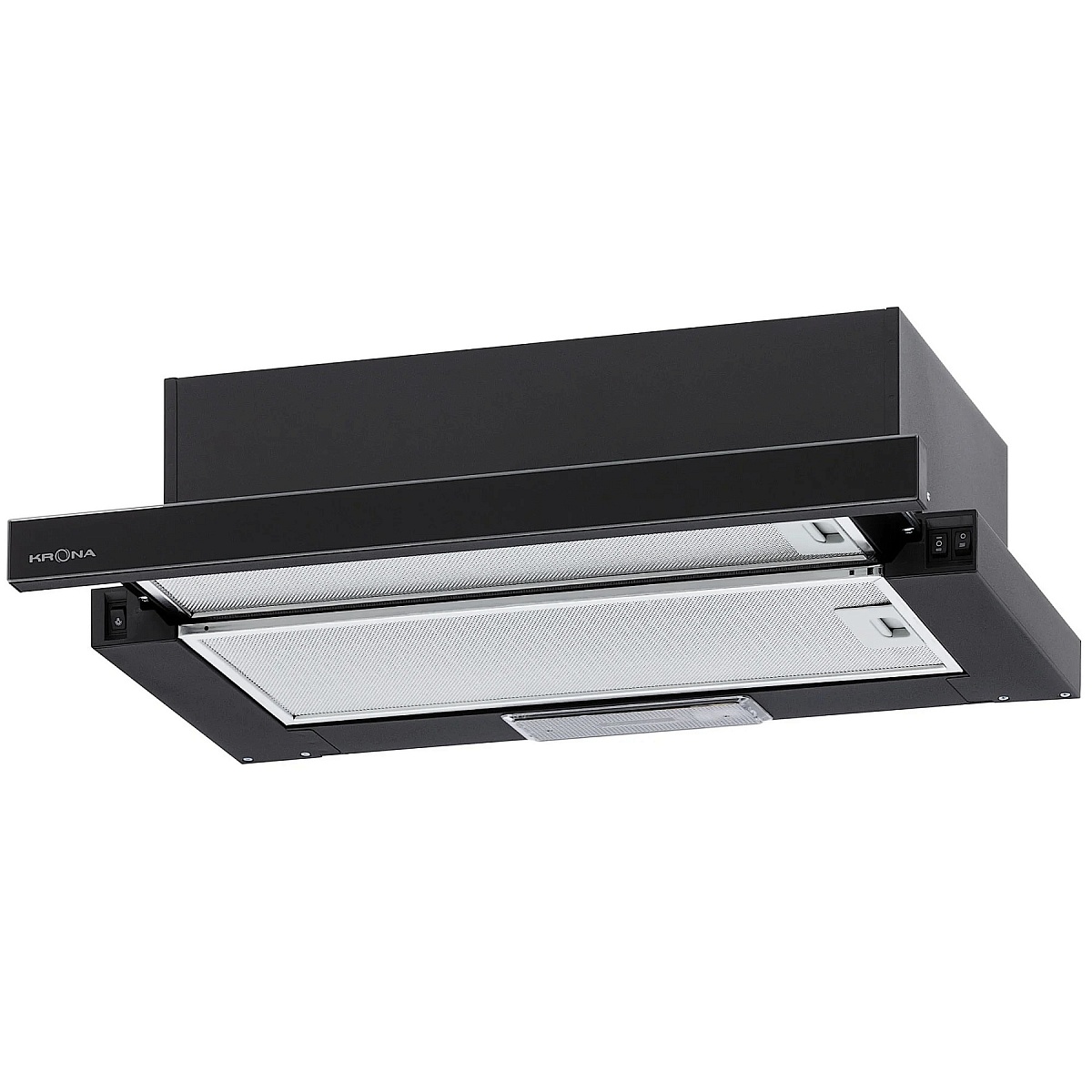Вытяжка телескопическая KRONA KAMILLA 600 AIR 2B (1066 м³/ч / 2*90 Вт / галогенная лампа 1x28 Вт / ширина - 60 см / черный / стекло)