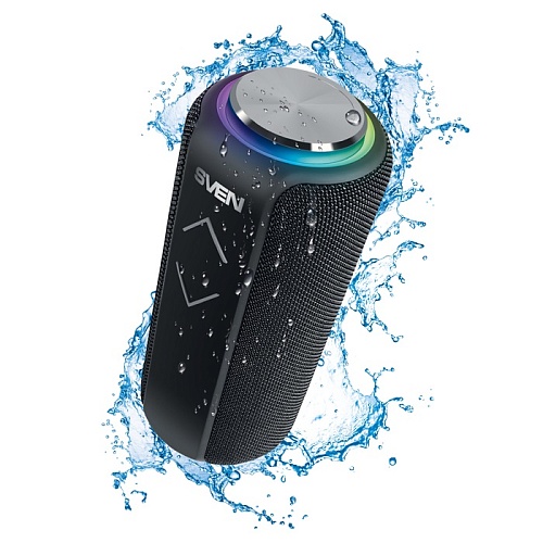 Беспроводная портативная колонка SVEN PS-275 / 12W / microSD / USB/ FM / Bluetooth/ IPx5 / Батарея 2400 mAh / RGB подсветка / Чёрный / пластик