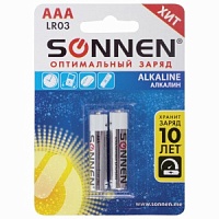 Батарейки SONNEN Alkaline AAA (LR03, 24А), алкалиновые, мизинчиковые, блистер, 451087 (BL-2)
