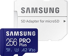 Память micro Secure Digital Card 256Gb Samsung PRO  Plus 180/130 Мбайт/сек U3, V30, A2,  / с адаптером SD [MB-MD256SA/CN]