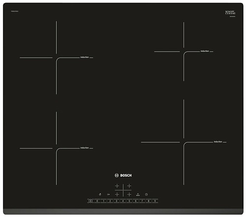 Поверхность индукционная Bosch PIE631FB1E (Serie6 / Чёрная стеклокерамика / 4 конфорки / QuickStart / PowerBoost / ReStart / Таймер / 7,4 кВт)