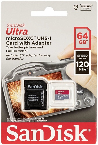 Память micro Secure Digital Card  64Gb class10 SanDisk 120MB/s Ultra  UHS-I  [SDSQUA4-064G-GN6IA]