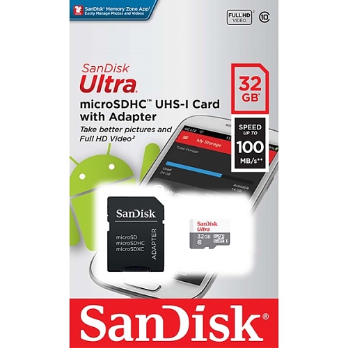 Память micro Secure Digital Card  32Gb class10 SanDisk  с адаптером SD 100MB/s Ultra  UHS-I  [SDSQUNR-032G-GN3MA]
