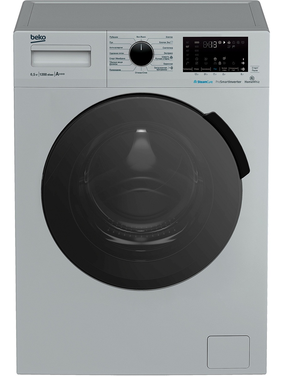 Стиральная машина Beko WSPE6H616S (44см / 6,5кг / 1200об / пар SteamCure™ / HomeWhiz®(Bluetooth) / Инверторный мотор ProSmart™ / Серебристый / A+++)