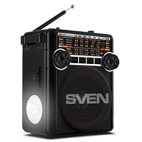 Радиоприемник SVEN SRP-355 / 3W / Питание - батарейка типа D/UM / microSD / SD / USB / FM / Фонарик / Черный / Корпус – пластик