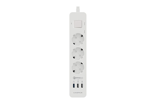 Сетевой фильтр HARPER UCH-340 Quick Charge 3.0, длина - 1.5 метра, 3 розетки, 3 USB порта 3 А, ток нагрузки - 16 А, нагрузка - 4000 Вт, белый