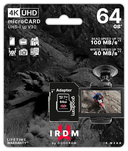 Память micro Secure Digital Card  64Gb V30 (UHS-I U3) 100/40 MB/s GOODRAM IRIDIUM / с адаптером SD [IR-M3AA-0640R12]