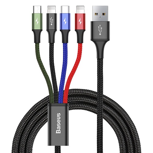 Кабель Baseus Fast 4-in-1 Cable (Lightning (2) +Type-C+Micro), плетеный, 3.5А, 1.2 метра, черный (CATWJ-01) 