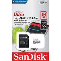 Память micro Secure Digital Card  64Gb class10 SanDisk  с адаптером SD 100MB/s Ultra  UHS-I  [SDSQUNR-064G-GN3MA]