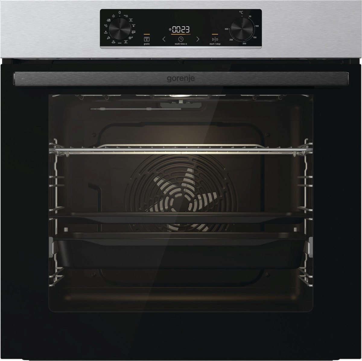 Духовой шкаф Gorenje BOSB6737E06X (Essential / 77 л / до 300 °C / Нерж. + чёрное стекло / AquaClean / PerfectGrill / телеск. направляющие (x1) / А)