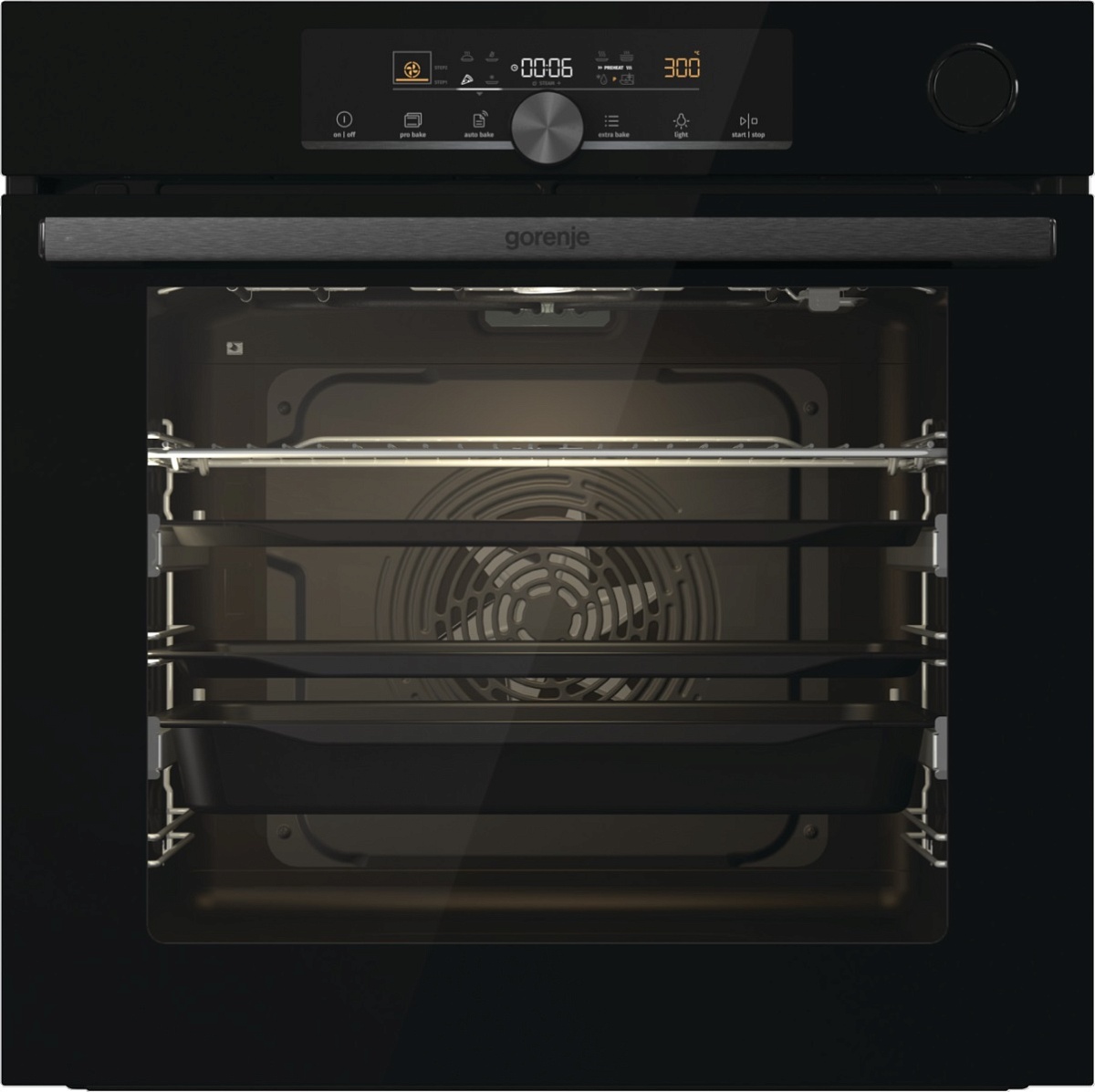 Духовой шкаф с добавлением пара Gorenje BSA6747A04BG (Advanced / 77 л / до 300 °C / Чёрный, стекло / CataClean / Per.Grill / телескоп. напр. (x2) / A+