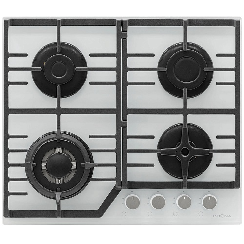 Поверхность газовая KRONA CORNIOLA 60 WH (Белый / 4 конфорки /1,7 кВт / 2,6 кВт / 3,8 кВт WOK / 1 кВт / закаленное стекло / чугун. реш.)