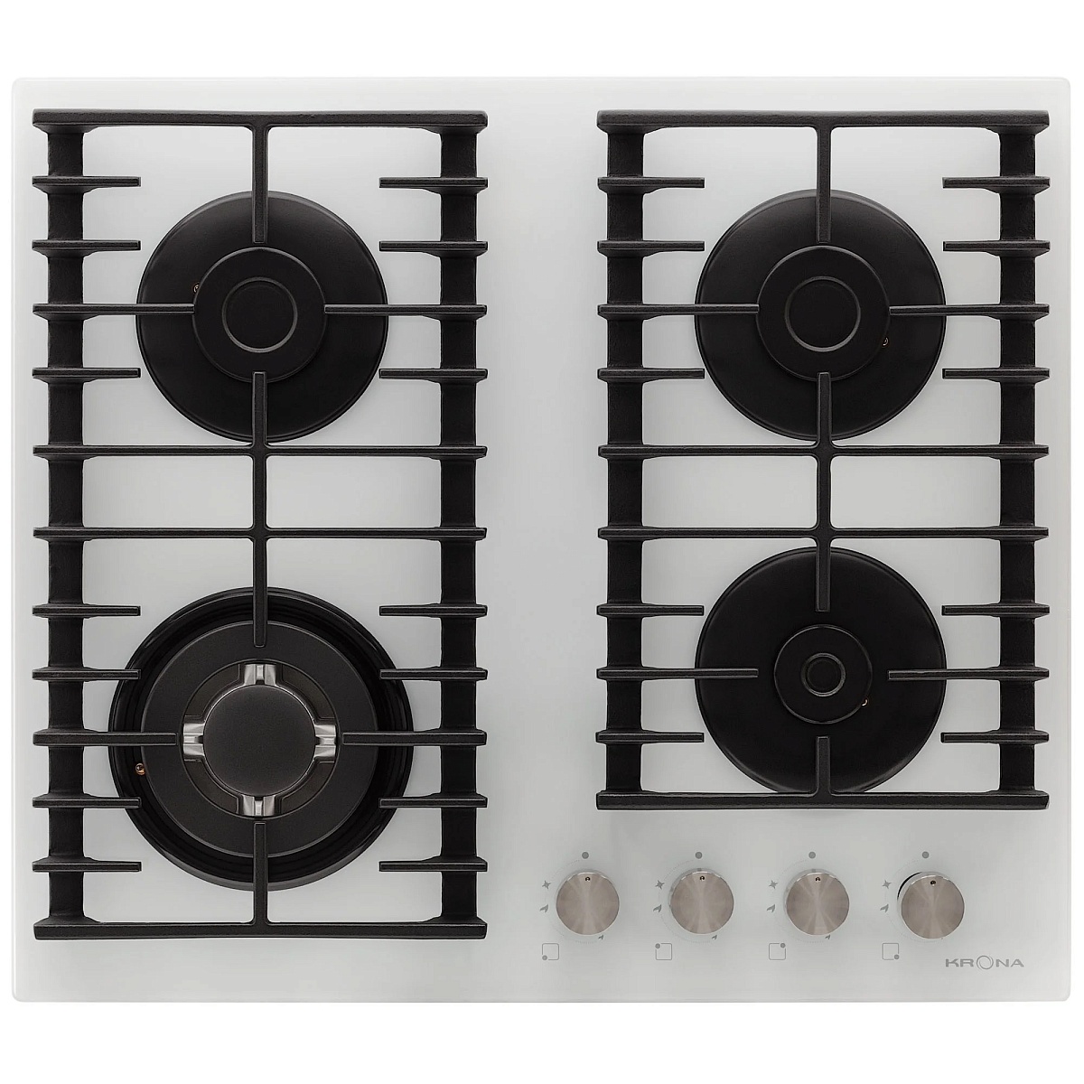 Поверхность газовая KRONA HAGEL 60 WH W (Белый / 4 конфорки /1,7 кВт / 2,8 кВт / 3,8 кВт WOK / 1 кВт / закаленное стекло / чугун. реш.)