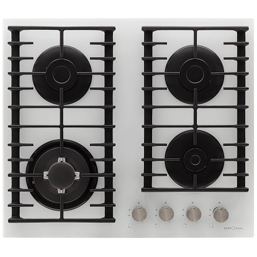 Поверхность газовая KRONA HAGEL 60 WH W (Белый / 4 конфорки /1,7 кВт / 2,8 кВт / 3,8 кВт WOK / 1 кВт / закаленное стекло / чугун. реш.)