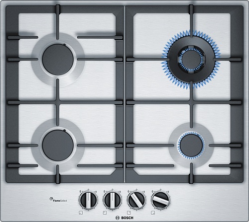 Поверхность газовая Bosch PCH6A5B90 (Serie6 / Нерж. сталь / Чугунные решетки / Газ-контроль / Электроподжиг / FlameSelect / 4 конфорки)