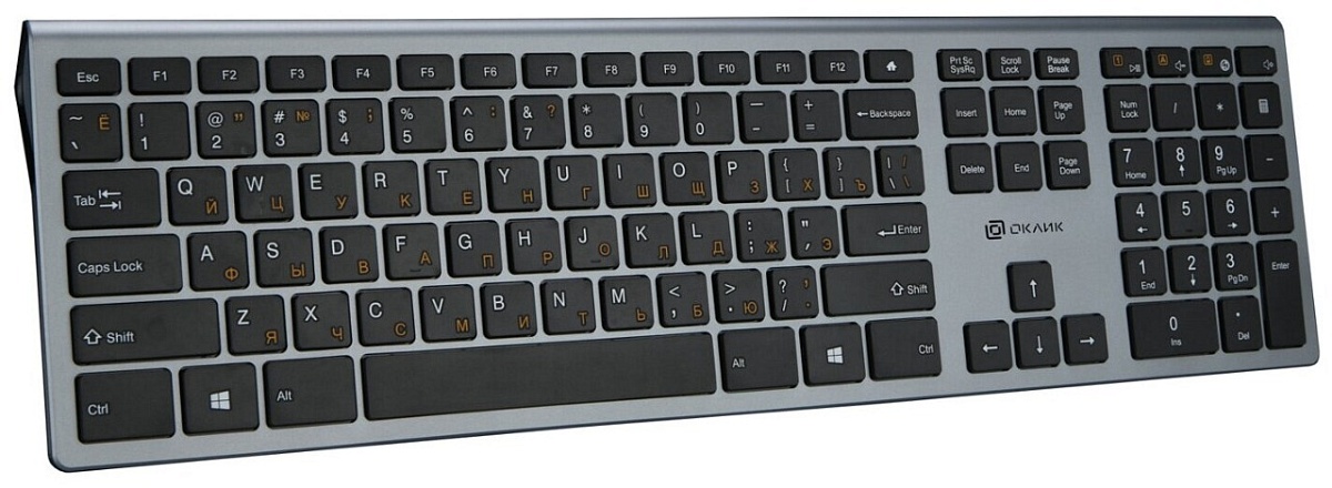 Беспроводная Клавиатура Oklick 890S, ножничная, Slim, USB, русские буквы оранжевые
