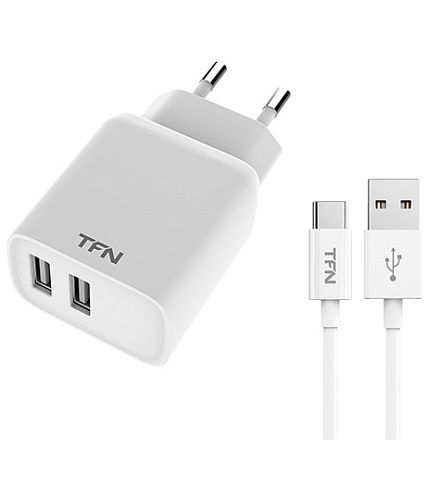 Сетевое зарядное устройство TFN WCRPD12W2U04 + кабель Type-C (2 USB+кабель USB Type-C/2.4A/12W/Smart IC) белое-0