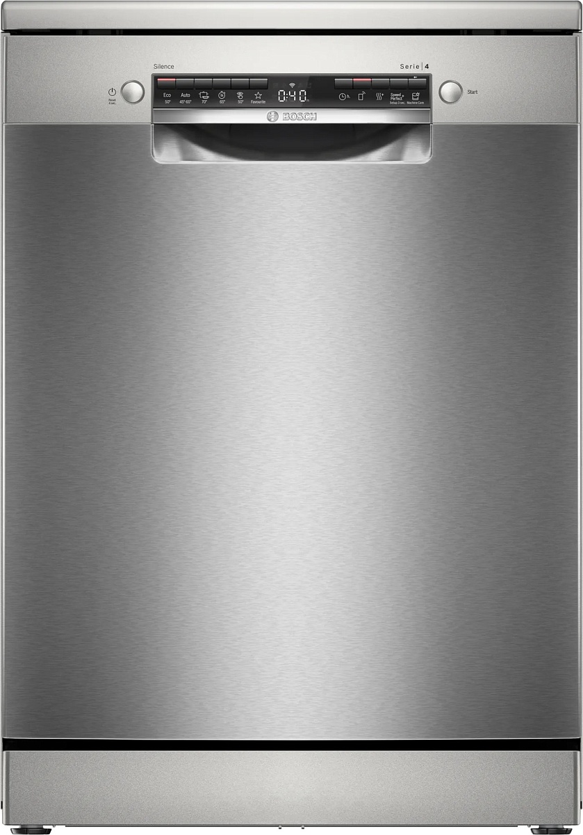 Машина посудомоечная отдельностоящая 60 см Bosch SMS4HVI02E (Serie4 / 14 комплектов / 3 полки / Расход воды - 9 л / HomeConnect / AntiFinger Silver)