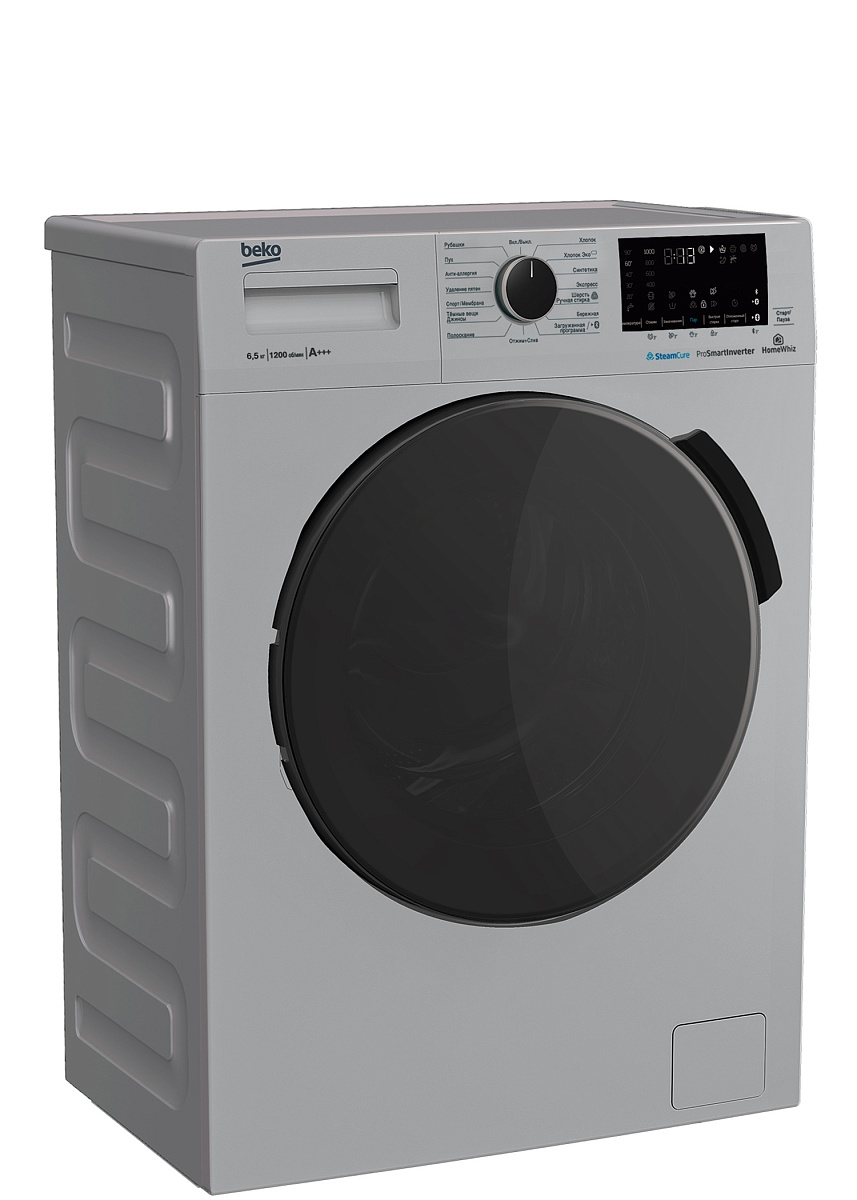Стиральная машина Beko WSPE6H616S (44см / 6,5кг / 1200об / пар SteamCure™ / HomeWhiz®(Bluetooth) / Инверторный мотор ProSmart™ / Серебристый / A+++)
