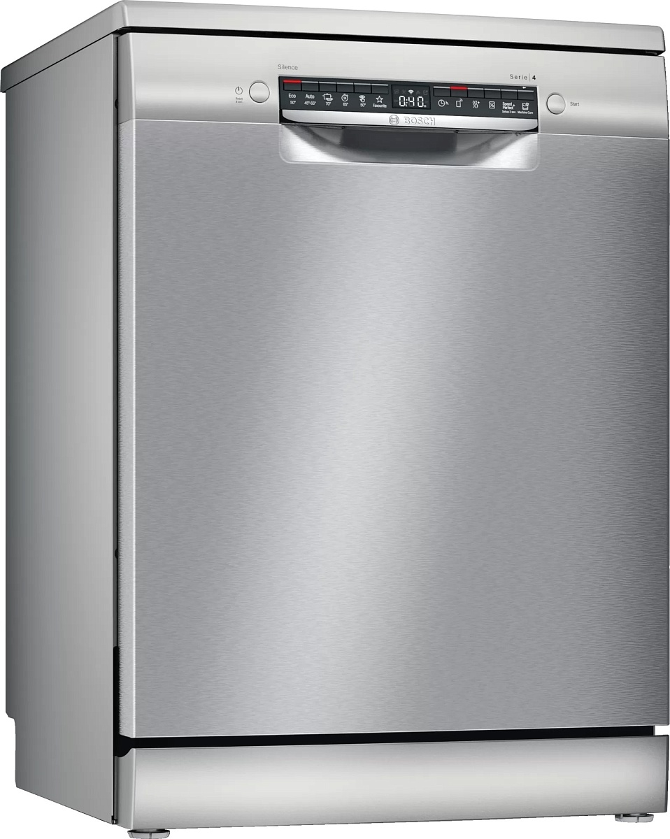 Машина посудомоечная отдельностоящая 60 см Bosch SMS4HTI33E (Serie4 / 12 комплектов / Home Connect / AquaStop / AntiFingerprint / Серебряный)