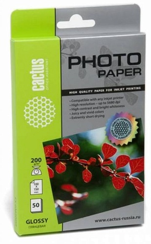 Бумага глянцевая 10x15 Cactus 200г/м2, 50лист. CS-GA620050E