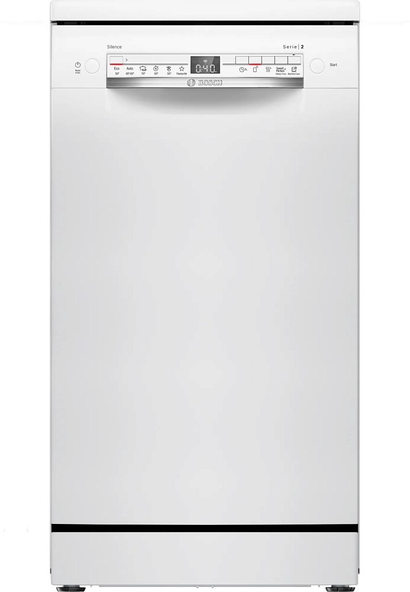 Машина посудомоечная отдельностоящая 45 см Bosch SPS2HKW58E (10 комплектов / 2 полки / Расход воды - 8,9 л / Home Connect / EcoSilence Drive / Белая)