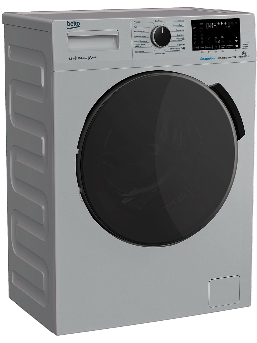 Стиральная машина Beko WSPE6H616S (44см / 6,5кг / 1200об / пар SteamCure™ / HomeWhiz®(Bluetooth) / Инверторный мотор ProSmart™ / Серебристый / A+++)-0
