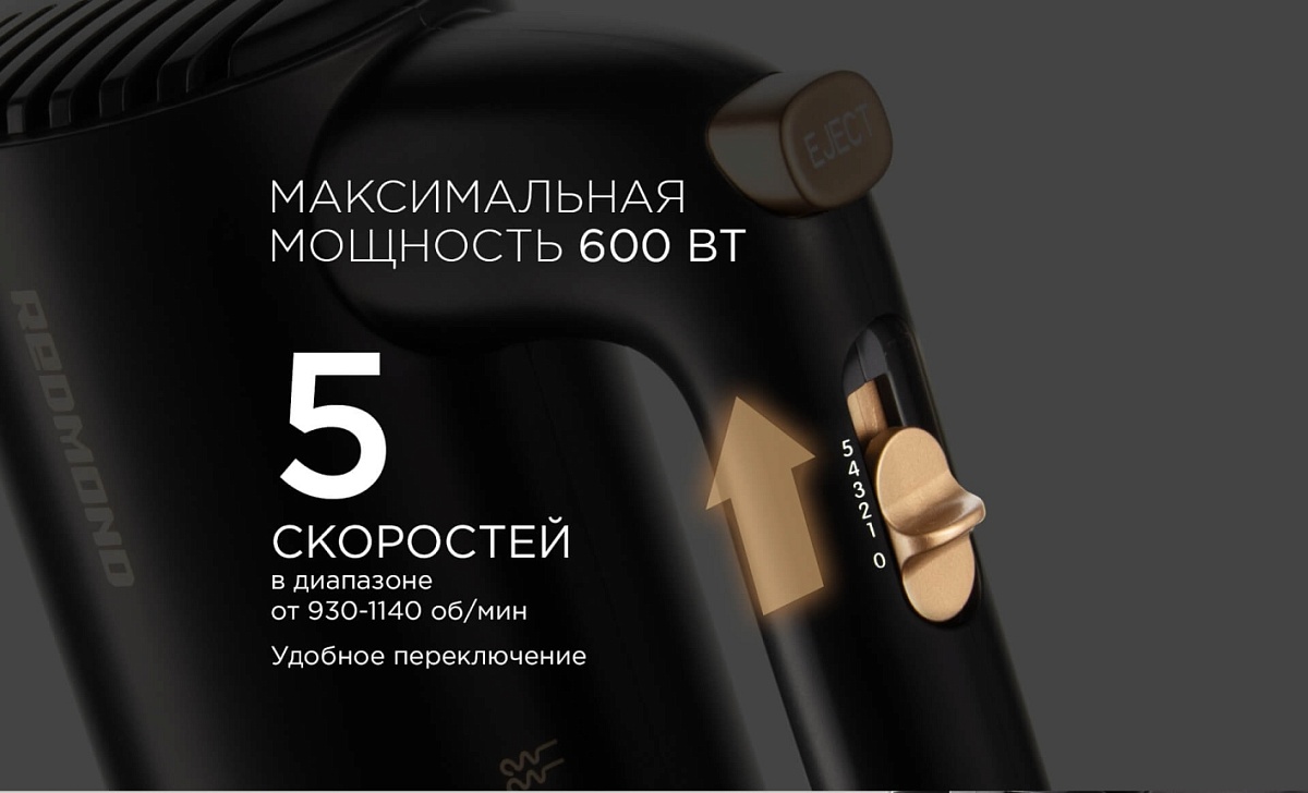 Миксер Redmond RHM-2105 (600 Вт/ ручной/ скоростей 5/ корпус пластик/ насадок 4/ серый)