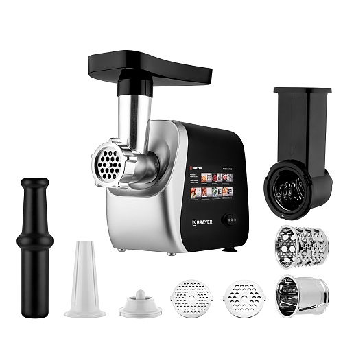 Мясорубка Brayer BR1608 (2000 Вт / 2 кг/мин / корпус - пластик / лоток - пластик / реверс / 6 насадок / чёрный)-0