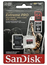Память micro Secure Digital Card  64Gb class10 SanDisk 200MB/s Extreme Pro UHS-I U3 [SDSQXCU-064G-GN6MA]
