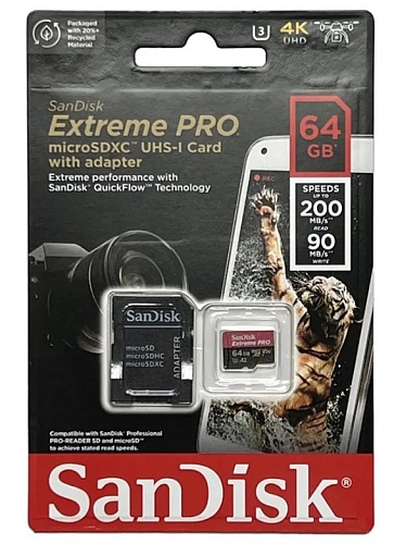 Память micro Secure Digital Card  64Gb class10 SanDisk 200MB/s Extreme Pro UHS-I U3 [SDSQXCU-064G-GN6MA]