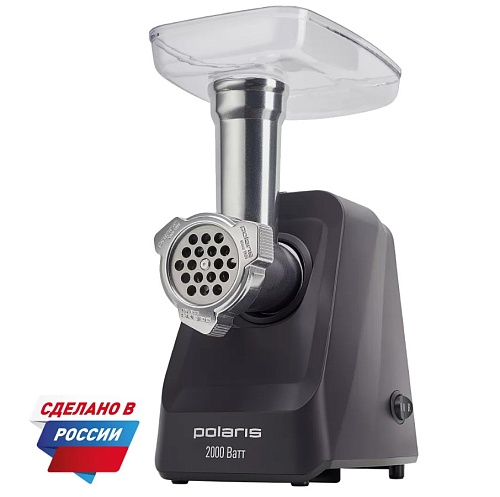 Мясорубка Polaris PMG 2050 RUS (2000 Вт / 2.5 кг/мин / корпус - пластик / лоток - пластик / реверс / 5 насадок / серый)