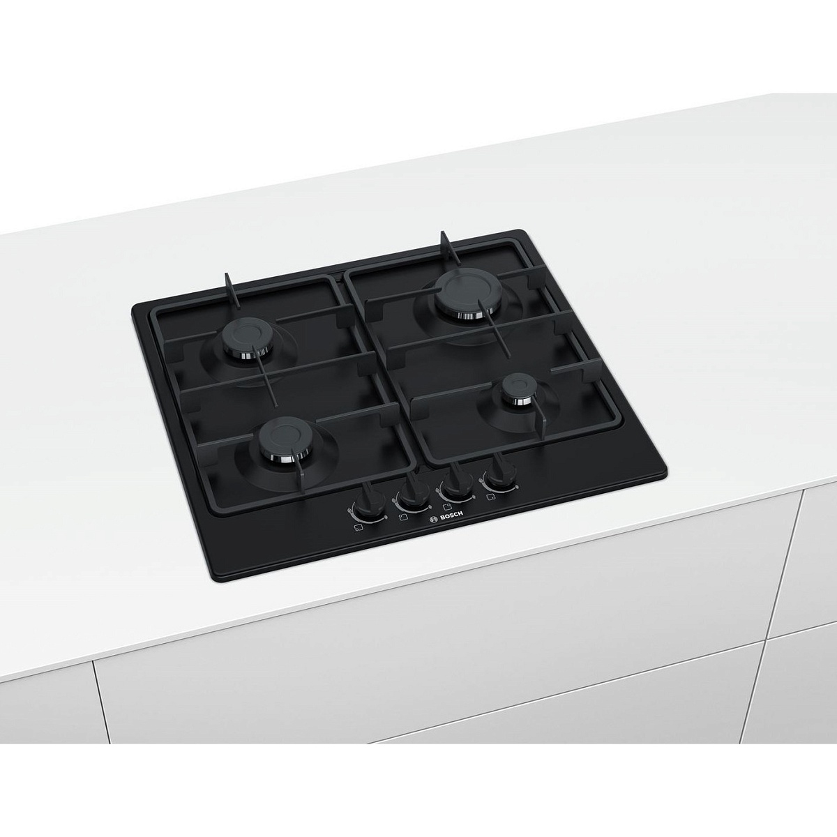 Поверхность газовая Bosch POH6B6B10 (Serie2 / Чёрное стекло / Стальные решетки / Газ-контроль / Электроподжиг / WOK / 4 конфорки)
