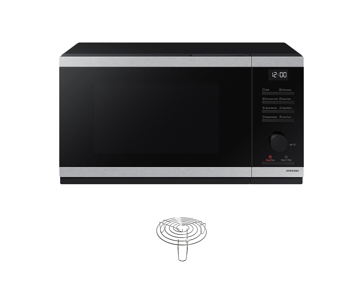 Микроволновая печь Samsung MG23DG4524ATE2 (23 л, 800 Вт, переключатели поворотный механизм, кнопки, гриль 1150 Вт, дисплей, черный/нерж. сталь)