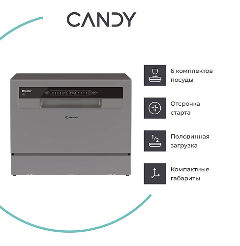 Машина посудомоечная отдельностоящая компактная Candy RAPIDO` CP 6F51LS-08 (6 комплектов / Расход воды - 6,5 л / Серая)