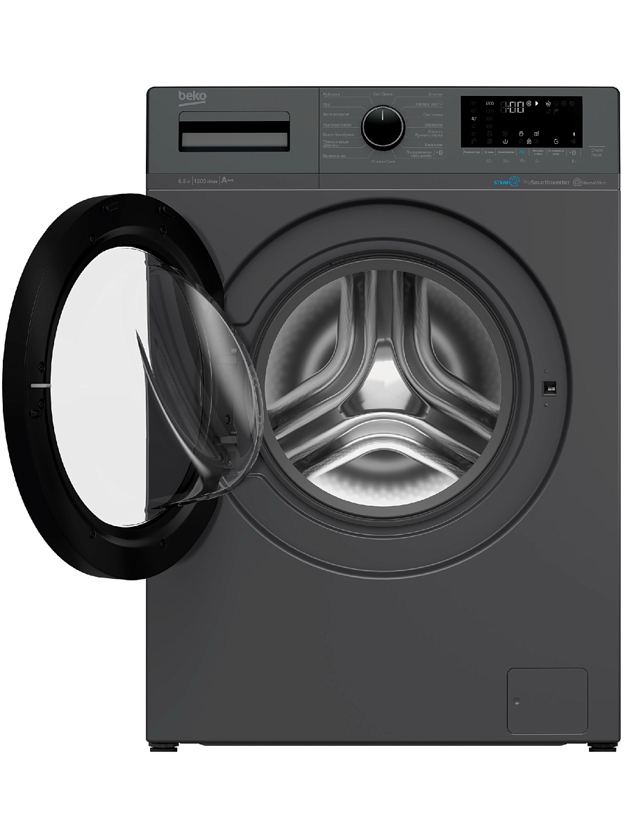 Стиральная машина Beko WSPE6H616A (44см / 6,5кг / 1200об / пар SteamCure™ / HomeWhiz®(Bluetooth) / Инверторный мотор ProSmart™ / Серебристый / A+++)-1