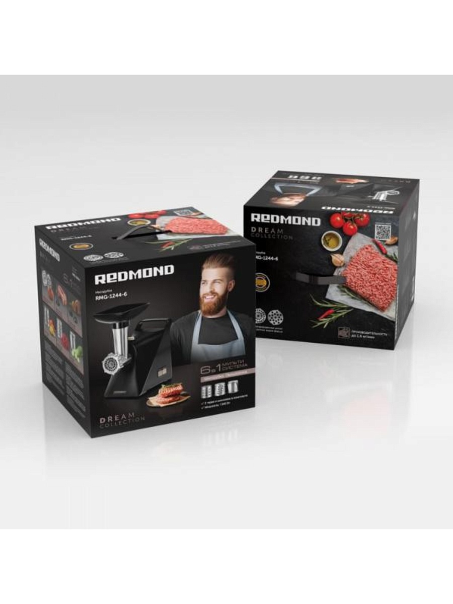 Мясорубка Redmond RMG-1244-6 (1340 Вт / 1.6 кг/мин / корпус - пластик / лоток - пластик / реверс / 5 насадок / чёрный)