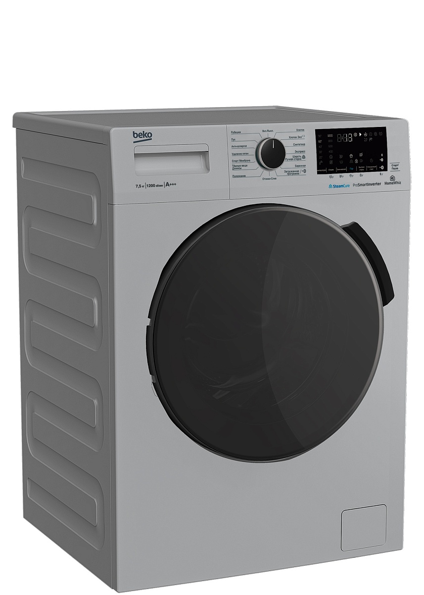 Стиральная машина Beko WSPE7H616S (49см / 7,5кг / 1200об / пар SteamCure™ / HomeWhiz®(Bluetooth) / Инверторный мотор ProSmart™ / Серебристый / A+++)