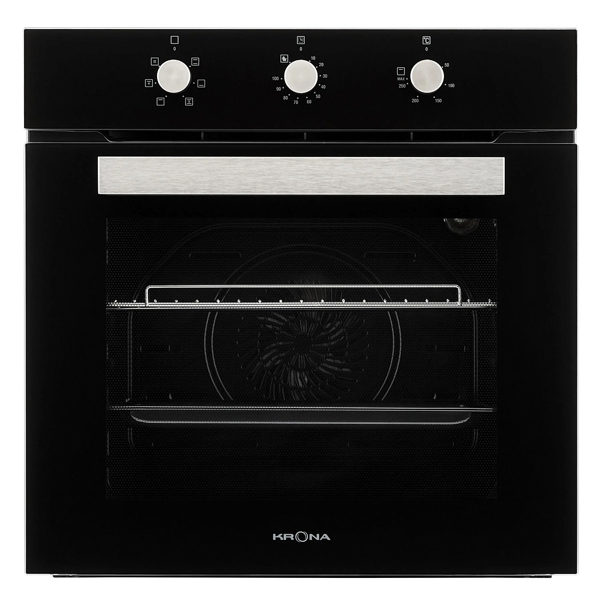 Духовой шкаф KRONA ROMANA 60 BL (72 л / до 285 °C / Чёрное стекло / Традиционная очистка / Гриль / Рельефные направляющие / А)