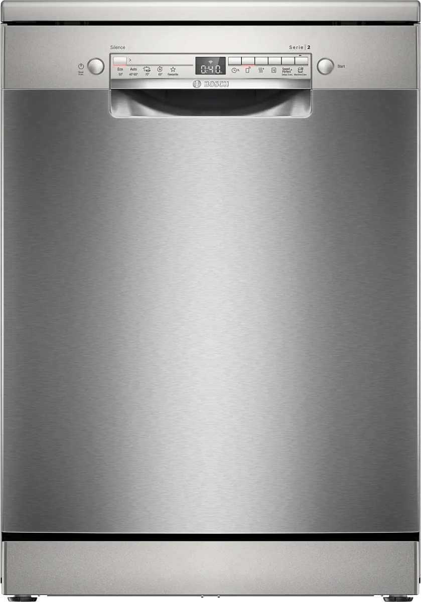 Машина посудомоечная отдельностоящая 60 см Bosch SMS2HVI02E (Serie4 / 14 комплектов / 3 полки / Расход воды - 9 л / HomeConnect / AntiFinger Silver)