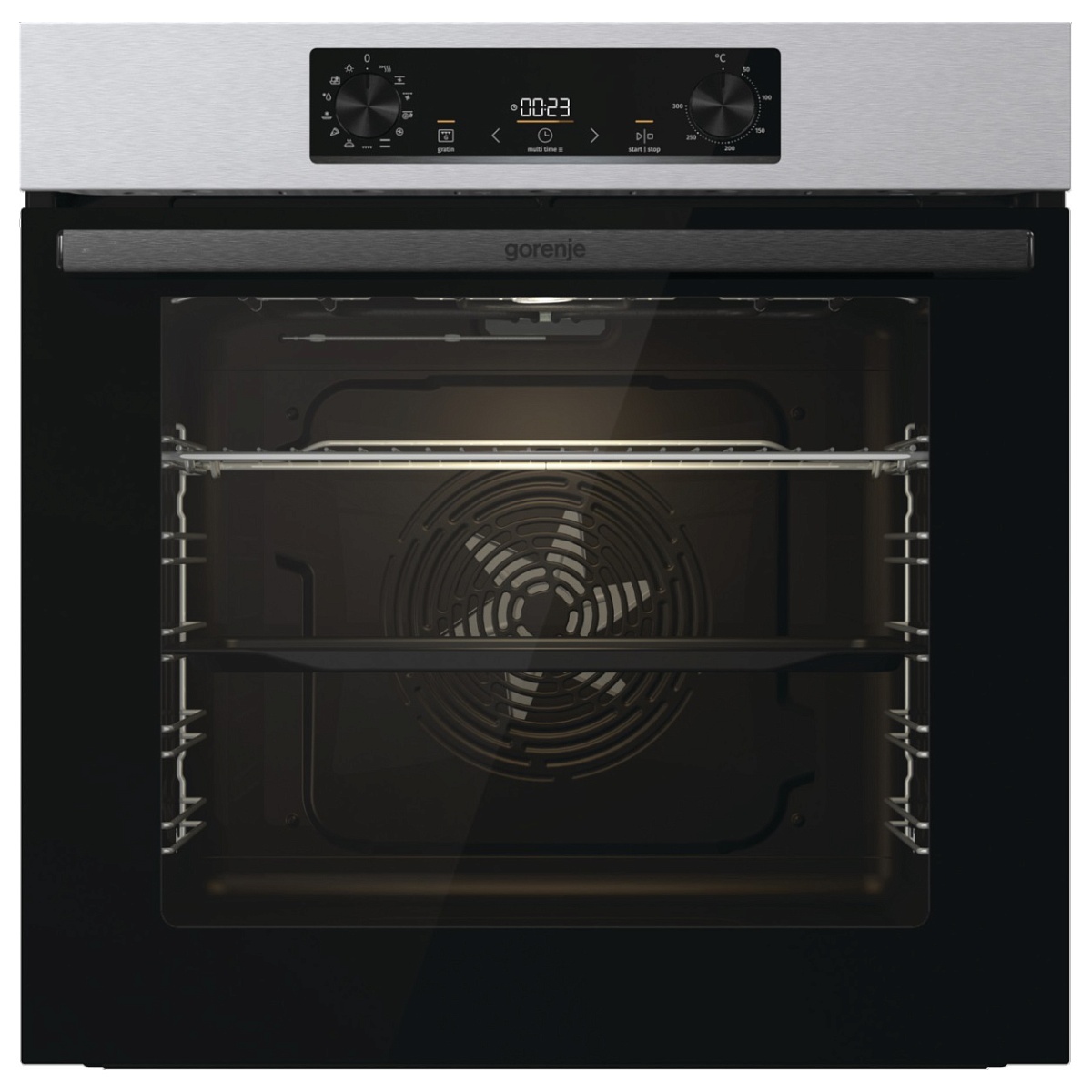 Духовой шкаф Gorenje BOB6737E01X (Essential / 77 л / до 300 °C / Нерж.+ чёрное стекло / AquaClean / PerfectGrill / съемные направляющие / А / IconLED)