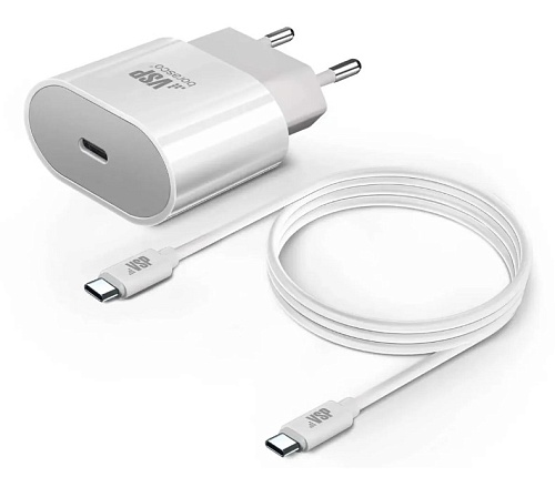 Сетевое зарядное устройство Borasco Power Delivery, 20W + Дата-кабель  Type-C - Type-C, 3А, 1м, белое-1