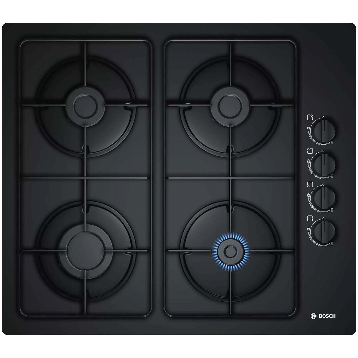 Поверхность газовая Bosch POP6B6B80 (Serie2 / Чёрное стекло / Стальные решетки / Газ-контроль / Электроподжиг / Ручки сбоку / 4 конфорки)