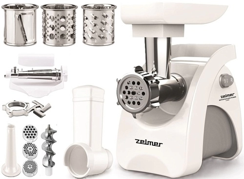 Мясорубка Zelmer ZMM9803B (2200 Вт/ 3 кг/мин/ корпус - пластик/ лоток - пластик/ реверс / 5 насадок / белый)-0
