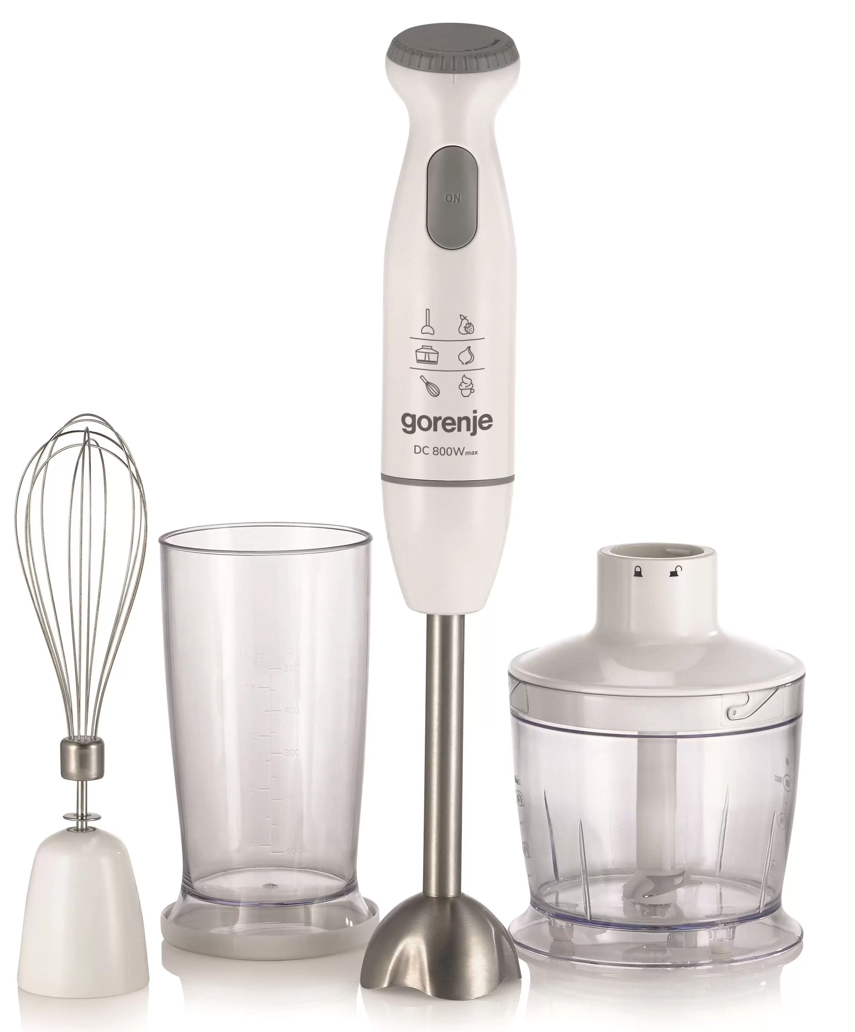 Блендер Gorenje HBC804QW (800 Вт/ плавное переключение скоростей/ венчик, измельчитель, стакан)